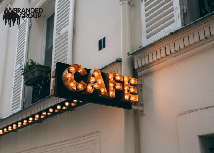 Outdoor commercial signage for cafe.